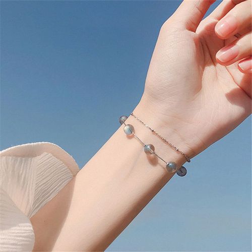 Bracelet À Perles En Argent Sterling 925 Pour Femmes, Double Couche Ajustable, Pierre De Lune Ronde, Bijoux Élégants, Sl140