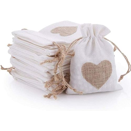 30Pcs Sachets en Toile de Jute Pochettes avec Cordon et Motif de Coeur pour Dragée Bijoux Cadeau Mariage Baptême Anniversaire Noël 10 * 14CM