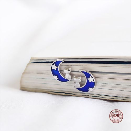 Boucles D'oreilles Lune Et Chat En Argent Sterling 925, Accessoires Pour Filles, Bijoux, Étoiles Bleues, Cadeau