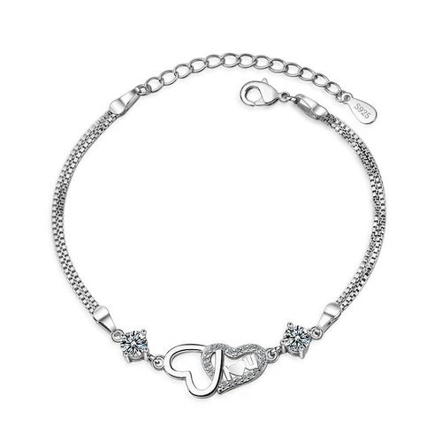 Bracelet Double Couche En Argent Sterling 925, Chaîne En Cristal, Perle De C¿Ur, Breloque Pour Femmes, Bijoux De Mariage Élégants Sl081