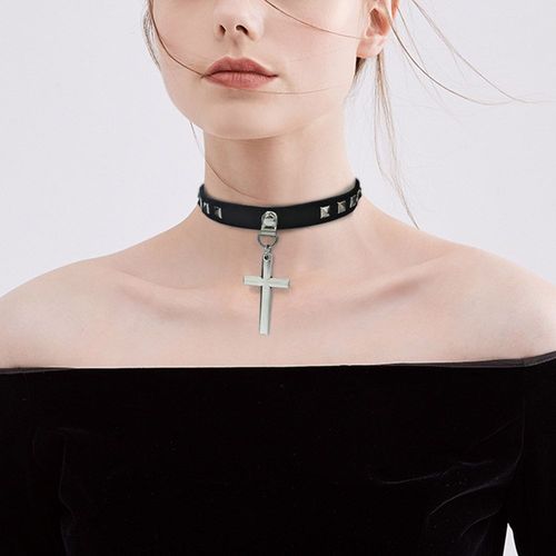 Collier En Cuir Pu Avec Pendentif En Croix, Tour De Cou Gothique Pour Femmes Et Hommes, Fait À La Main, Rock Punk, Bijoux X629, 100%