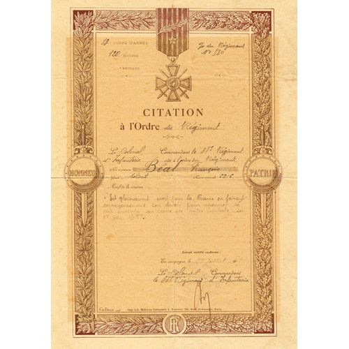 Citation À L'ordre Du Régiment Mort Pour La France Guerre 1914-18