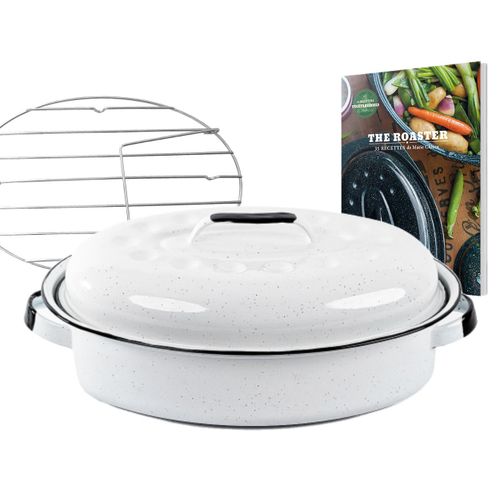 Graniteware - Cocotte Roaster Blanche Format Moyen | Acier Émaillé | Ovale | 4l | Ultra-Légère | Grille De Cuisson En Inox + Livre De 35 Recettes