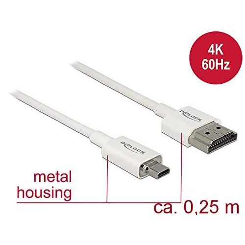 Delock Slim High Quality - Câble HDMI avec Ethernet - 19 pin micro HDMI Type D mâle pour HDMI mâle - 25 cm - triple paire torsadée blindée - blanc - support 4K