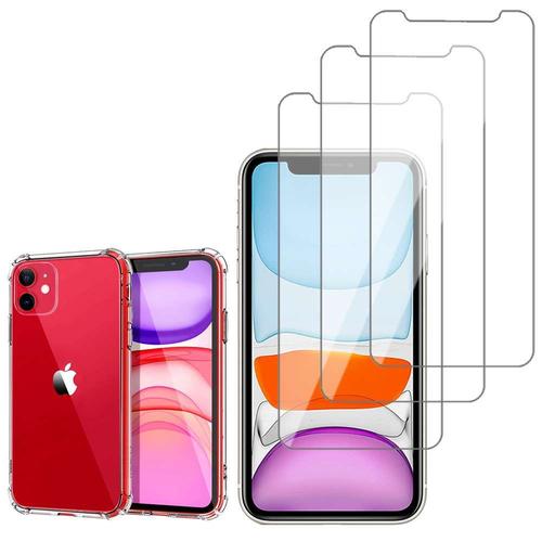 Coque Silicone Tpu Souple Pour Apple Iphone 11 6.1" Anti-Choc Ultra Résistant Avec Coins Renforcés - Transparent + 3 Films Verre D'aluminium Super Résistant 9h - Transparent