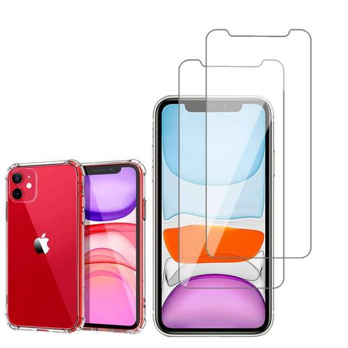 Coque Silicone Tpu Souple Pour Apple Iphone 11 6.1" Anti-Choc Ultra Résistant Avec Coins Renforcés - Transparent + 2 Films Verre D'aluminium Super Résistant 9h - Transparent