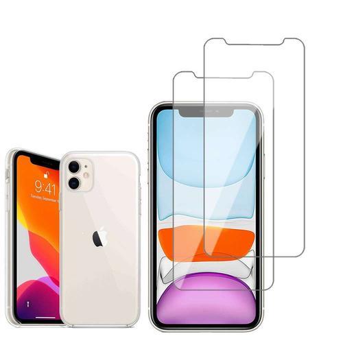 Coque Silicone Pour Apple Iphone 11 6.1" Gel Ultraslim Et Ajustement Parfait - Transparent + 2 Films Verre D'aluminium Super Résistant 9h - Transparent