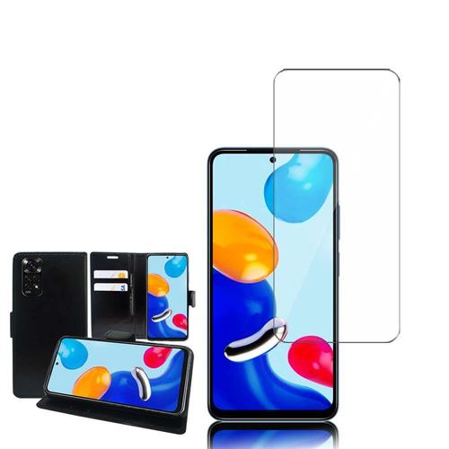 Etui Portefeuille Pour Xiaomi Redmi Note 11/ Note 11s 6.43" Support Video Cuir Pu - Noir + 1 Film Verre D'aluminium Super Résistant 9h - Transparent