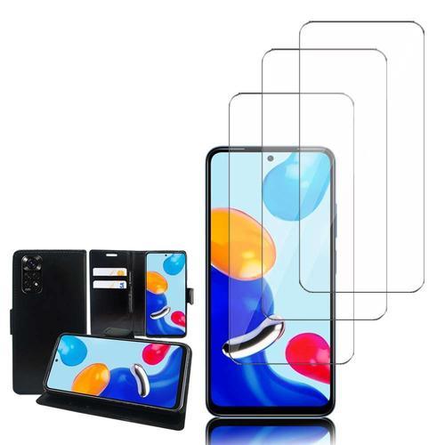 Etui Portefeuille Pour Xiaomi Redmi Note 11/ Note 11s 6.43" Support Video Cuir Pu - Noir + 3 Films Verre D'aluminium Super Résistant 9h - Transparent