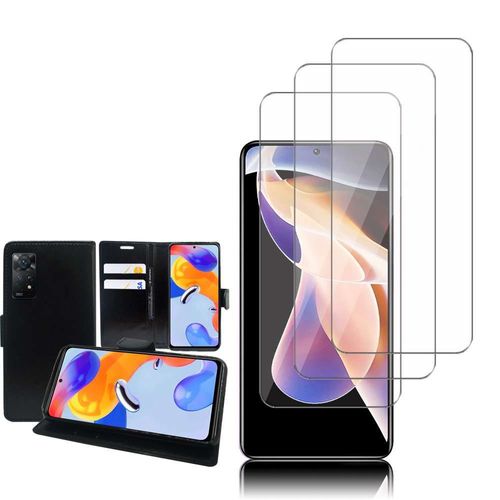 Etui Portefeuille Pour Xiaomi Redmi Note 11 Pro/ Note 11 Pro 5g 6.67" Support Video Cuir Pu - Noir + 3 Films Verre D'aluminium Super Résistant 9h - Transparent