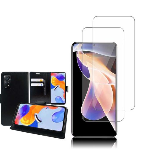 Etui Portefeuille Pour Xiaomi Redmi Note 11 Pro/ Note 11 Pro 5g 6.67" Support Video Cuir Pu - Noir + 2 Films Verre D'aluminium Super Résistant 9h - Transparent