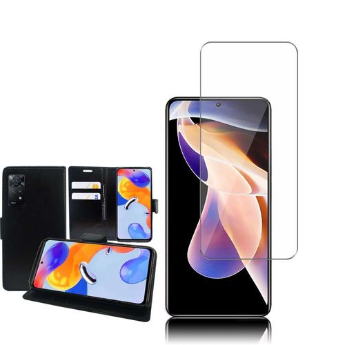 Etui Portefeuille Pour Xiaomi Redmi Note 11 Pro/ Note 11 Pro 5g 6.67" Support Video Cuir Pu - Noir + 1 Film Verre D'aluminium Super Résistant 9h - Transparent