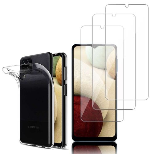 Coque Silicone Pour Samsung Galaxy A12 Nacho 6.5" Gel Ultraslim Et Ajustement Parfait - Transparent + 3 Films Verre D'aluminium Super Résistant 9h - Transparent