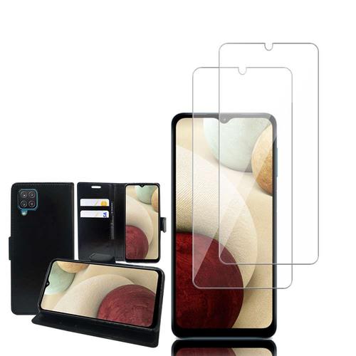 Etui Portefeuille Pour Samsung Galaxy A12 Nacho 6.5" Support Video Cuir Pu - Noir + 2 Films Verre D'aluminium Super Résistant 9h - Transparent