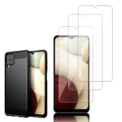 Coque Silicone Tpu Pour Samsung Galaxy A12 Nacho 6.5" Fibre De Carbone Brossé - Noir + 3 Films Verre D'aluminium Super Résistant 9h - Transparent