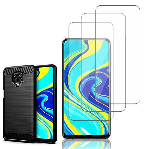 Coque Silicone Tpu Pour Xiaomi Redmi Note 9s/ Note 9 Pro/ Note 9 Pro Max 6.67" Fibre De Carbone Brossé - Noir + 3 Films Verre D'aluminium Super Résistant 9h - Transparent