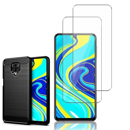 Coque Silicone Tpu Pour Xiaomi Redmi Note 9s/ Note 9 Pro/ Note 9 Pro Max 6.67" Fibre De Carbone Brossé - Noir + 2 Films Verre D'aluminium Super Résistant 9h - Transparent