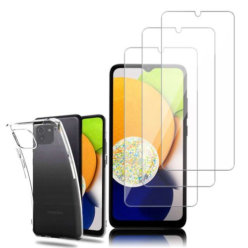 Coque Silicone Pour Samsung Galaxy A03 6.5" Gel Ultraslim Et Ajustement Parfait - Transparent + 3 Films Verre D'aluminium Super Résistant 9h - Transparent