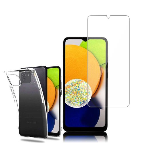 Coque Silicone Pour Samsung Galaxy A03 6.5" Gel Ultraslim Et Ajustement Parfait - Transparent + 1 Film Verre D'aluminium Super Résistant 9h - Transparent