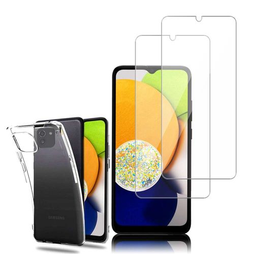 Coque Silicone Pour Samsung Galaxy A03 6.5" Gel Ultraslim Et Ajustement Parfait - Transparent + 2 Films Verre D'aluminium Super Résistant 9h - Transparent