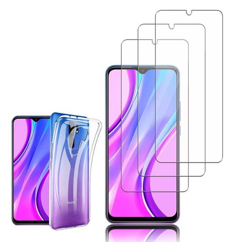 Coque Silicone Pour Xiaomi Redmi 9 6.53" Gel Ultraslim Et Ajustement Parfait - Transparent + 3 Films Verre D'aluminium Super Résistant 9h - Transparent