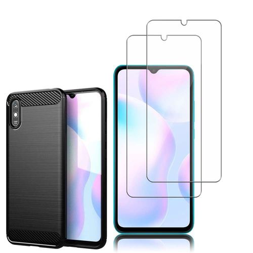 Coque Silicone Tpu Pour Xiaomi Redmi 9a 6.53" Fibre De Carbone Brossé - Noir + 2 Films Verre D'aluminium Super Résistant 9h - Transparent