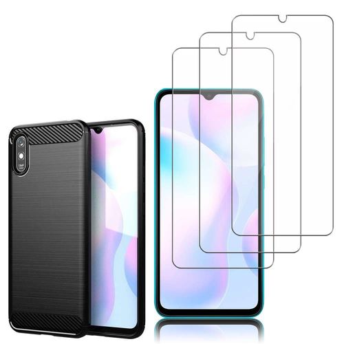 Coque Silicone Tpu Pour Xiaomi Redmi 9a 6.53" Fibre De Carbone Brossé - Noir + 3 Films Verre D'aluminium Super Résistant 9h - Transparent