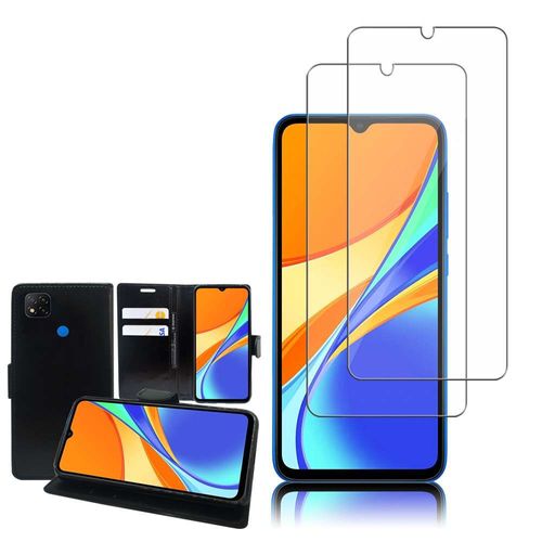 Etui Portefeuille Pour Xiaomi Redmi 9c/ 9c Nfc/ Redmi 9 (India) 6.53" Support Video Cuir Pu - Noir + 2 Films Verre D'aluminium Super Résistant 9h - Transparent