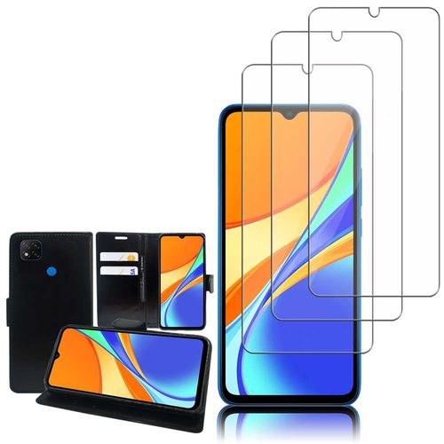 Etui Portefeuille Pour Xiaomi Redmi 9c/ 9c Nfc/ Redmi 9 (India) 6.53" Support Video Cuir Pu - Noir + 3 Films Verre D'aluminium Super Résistant 9h - Transparent