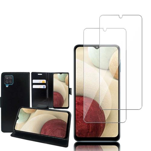 Etui Portefeuille Pour Samsung Galaxy A12 6.5" Support Video Cuir Pu - Noir + 2 Films Verre D'aluminium Super Résistant 9h - Transparent