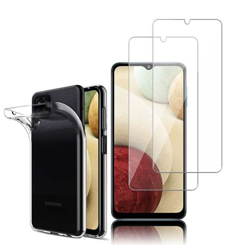 Coque Silicone Pour Samsung Galaxy A12 6.5" Gel Ultraslim Et Ajustement Parfait - Transparent + 2 Films Verre D'aluminium Super Résistant 9h - Transparent