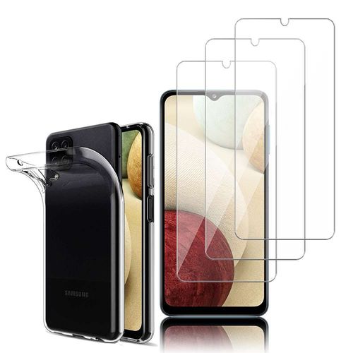 Coque Silicone Pour Samsung Galaxy A12 6.5" Gel Ultraslim Et Ajustement Parfait - Transparent + 3 Films Verre D'aluminium Super Résistant 9h - Transparent