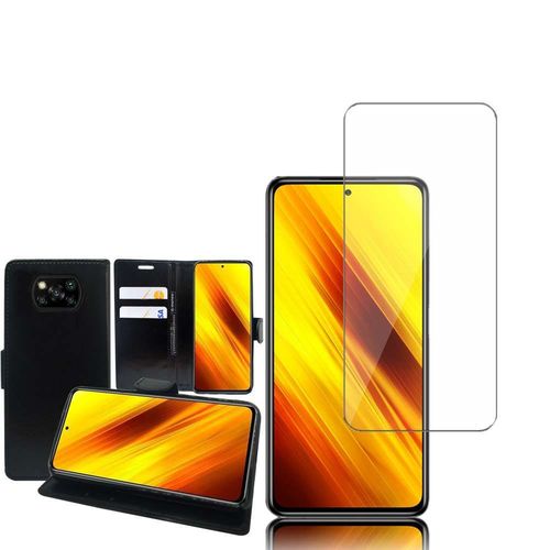 Etui Portefeuille Pour Xiaomi Poco X3 Nfc/ Poco X3 6.67" Support Video Cuir Pu - Noir + 1 Film Verre Nano Fléxible - Transparent