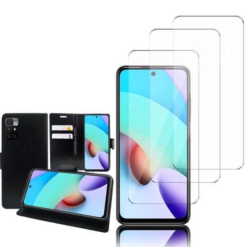Etui Portefeuille Pour Xiaomi Redmi 10 Prime 2022 6.5" Support Video Cuir Pu - Noir + 3 Films Verre Nano Fléxible - Transparent