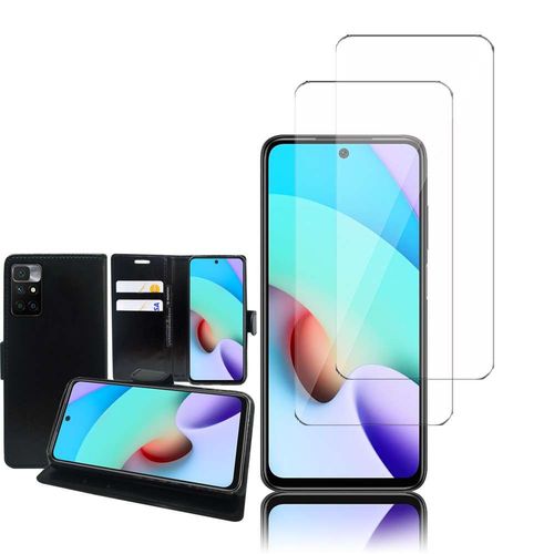 Etui Portefeuille Pour Xiaomi Redmi 10 Prime 2022 6.5" Support Video Cuir Pu - Noir + 2 Films Verre Nano Fléxible - Transparent
