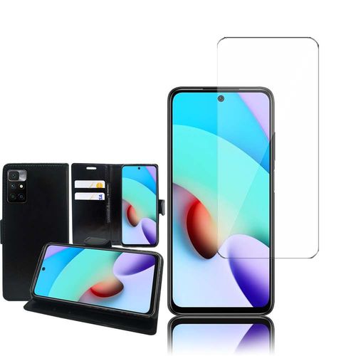 Etui Portefeuille Pour Xiaomi Redmi 10 Prime 2022 6.5" Support Video Cuir Pu - Noir + 1 Film Verre Nano Fléxible - Transparent