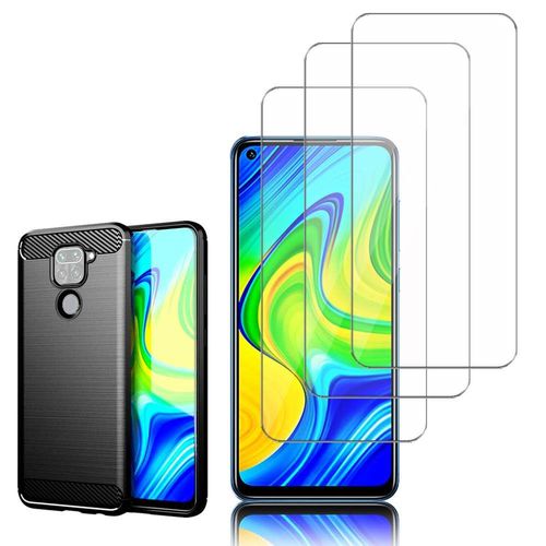 Coque Silicone Tpu Pour Xiaomi Redmi Note 9 6.53" Fibre De Carbone Brossé - Noir + 3 Films Verre Nano Fléxible - Transparent