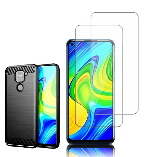 Coque Silicone Tpu Pour Xiaomi Redmi Note 9 6.53" Fibre De Carbone Brossé - Noir + 2 Films Verre Nano Fléxible - Transparent