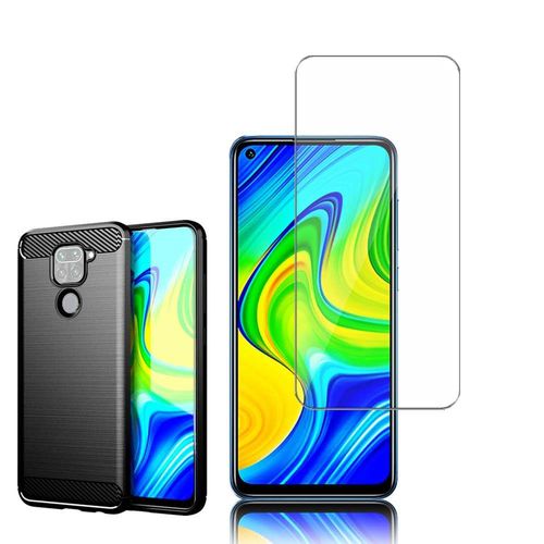 Coque Silicone Tpu Pour Xiaomi Redmi Note 9 6.53" Fibre De Carbone Brossé - Noir + 1 Film Verre Nano Fléxible - Transparent