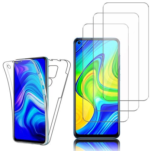 Coque Avant Et Arrière Silicone Pour Xiaomi Redmi Note 9 6.53" 360° Protection Intégrale - Transparent + 3 Films Verre Nano Fléxible - Transparent