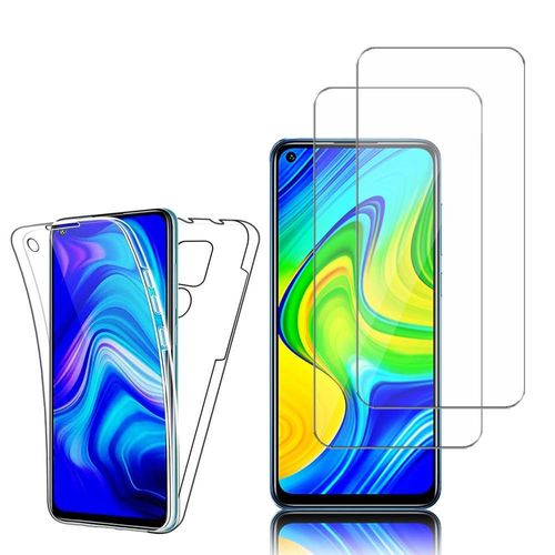 Coque Avant Et Arrière Silicone Pour Xiaomi Redmi Note 9 6.53" 360° Protection Intégrale - Transparent + 2 Films Verre Nano Fléxible - Transparent