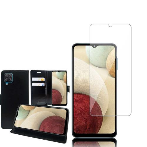 Etui Portefeuille Pour Samsung Galaxy A12 6.5" Support Video Cuir Pu - Noir + 1 Film Verre Nano Fléxible - Transparent