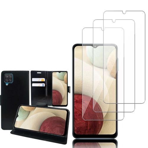 Etui Portefeuille Pour Samsung Galaxy A12 6.5" Support Video Cuir Pu - Noir + 3 Films Verre Nano Fléxible - Transparent