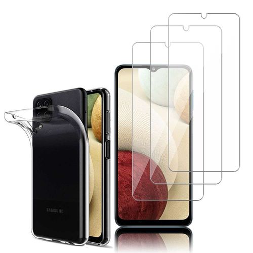 Coque Silicone Pour Samsung Galaxy A12 6.5" Gel Ultraslim Et Ajustement Parfait - Transparent + 3 Films Verre Nano Fléxible - Transparent