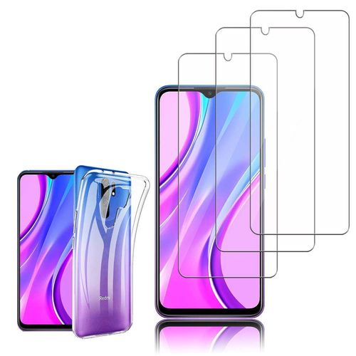 Coque Silicone Pour Xiaomi Redmi 9 6.53" Gel Ultraslim Et Ajustement Parfait - Transparent + 3 Films Verre Nano Fléxible - Transparent