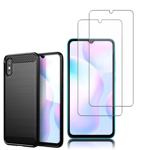 Coque Silicone Tpu Pour Xiaomi Redmi 9a 6.53" Fibre De Carbone Brossé - Noir + 2 Films Verre Nano Fléxible - Transparent