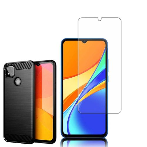 Coque Silicone Tpu Pour Xiaomi Redmi 9c/ 9c Nfc/ Redmi 9 (India) 6.53" Fibre De Carbone Brossé - Noir + 1 Film Verre Nano Fléxible - Transparent