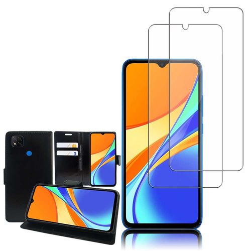 Etui Portefeuille Pour Xiaomi Redmi 9c/ 9c Nfc/ Redmi 9 (India) 6.53" Support Video Cuir Pu - Noir + 2 Films Verre Nano Fléxible - Transparent