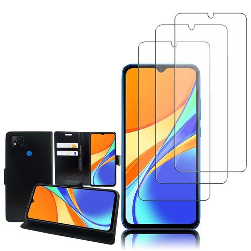 Etui Portefeuille Pour Xiaomi Redmi 9c/ 9c Nfc/ Redmi 9 (India) 6.53" Support Video Cuir Pu - Noir + 3 Films Verre Nano Fléxible - Transparent