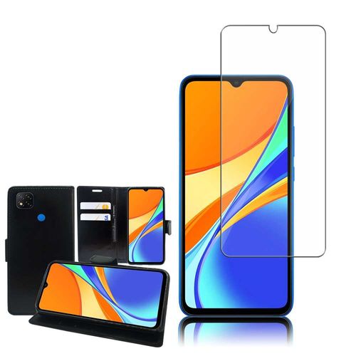 Etui Portefeuille Pour Xiaomi Redmi 9c/ 9c Nfc/ Redmi 9 (India) 6.53" Support Video Cuir Pu - Noir + 1 Film Verre Nano Fléxible - Transparent